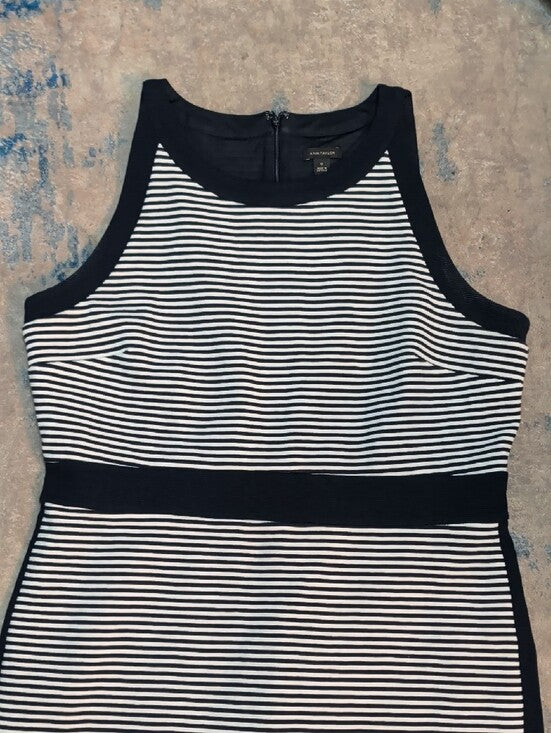 Ann Taylor Navy and White Striped Midi Sheath Dress Women's 12 US