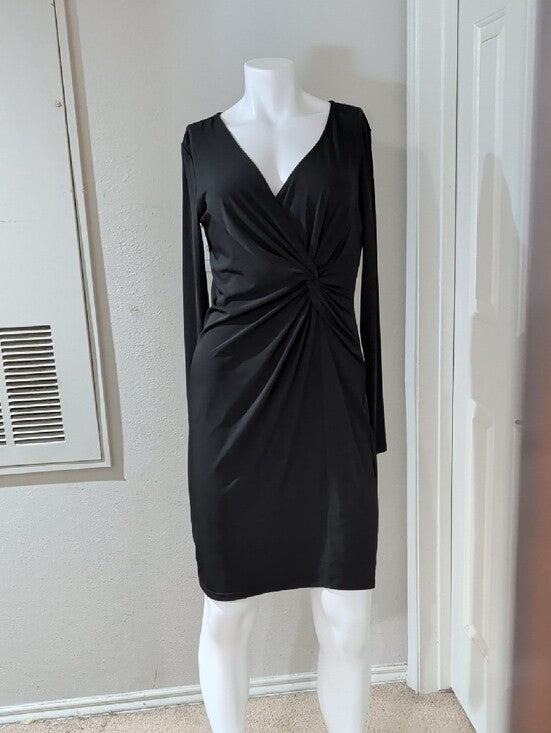 NWT Max Studio Black Knot-Detail Long Sleeve Stretch V-Neck Dress Women's Large
