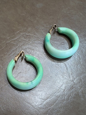 Retro Mint Green Resin Hoop Clip-On Earrings Vintage MCM 1" Hoops