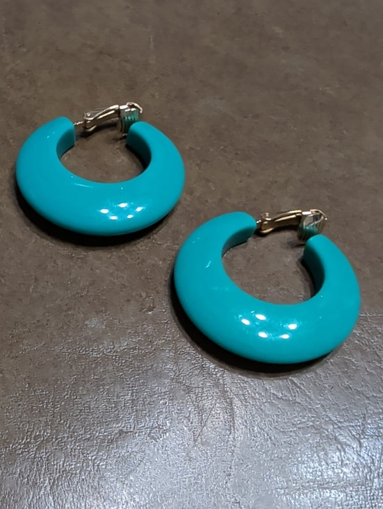 Vintage Turquoise Hoop Clip-On Earrings Retro MCM Rockabilly