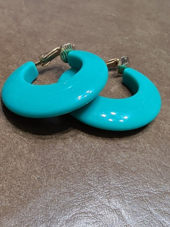 Vintage Turquoise Hoop Clip-On Earrings Retro MCM Rockabilly