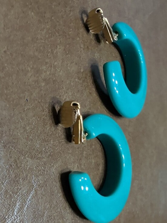 Vintage Turquoise Hoop Clip-On Earrings Retro MCM Rockabilly