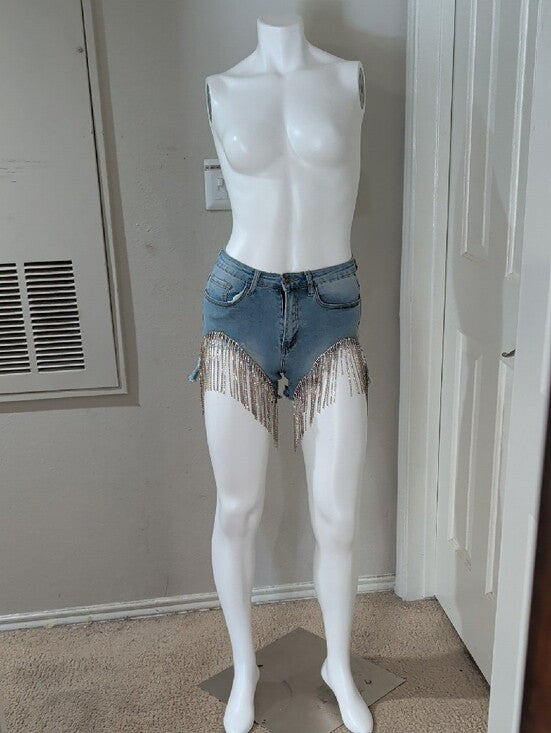 Denim 4 Us Rhinestone Fringe-Trim Light Blue Denim Jean Shorts Women's Small