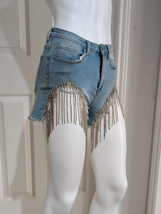 Denim 4 Us Rhinestone Fringe-Trim Light Blue Denim Jean Shorts Women's Small