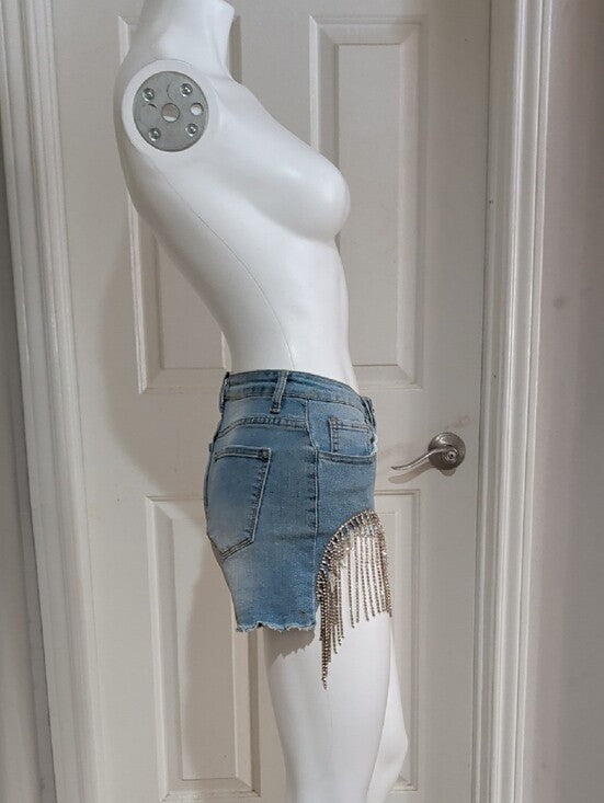 Denim 4 Us Rhinestone Fringe-Trim Light Blue Denim Jean Shorts Women's Small