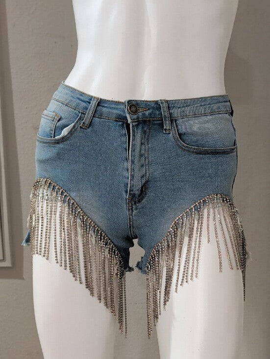 Denim 4 Us Rhinestone Fringe-Trim Light Blue Denim Jean Shorts Women's Small