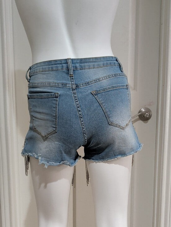 Denim 4 Us Rhinestone Fringe-Trim Light Blue Denim Jean Shorts Women's Small