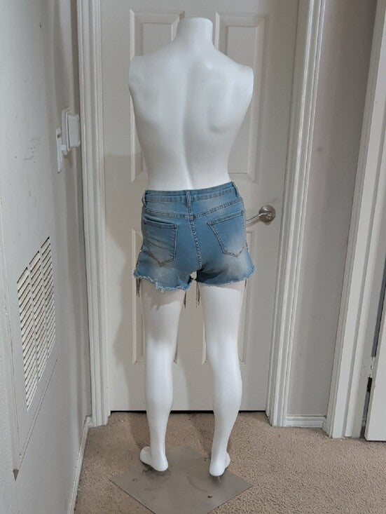Denim 4 Us Rhinestone Fringe-Trim Light Blue Denim Jean Shorts Women's Small