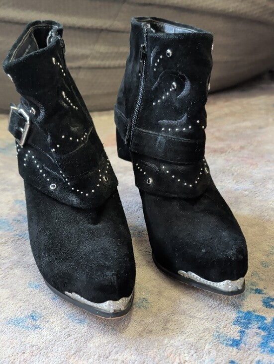 Miranda Lambert Leather Black Studded Suede Ankle Boots with Buckle Women's 8.5