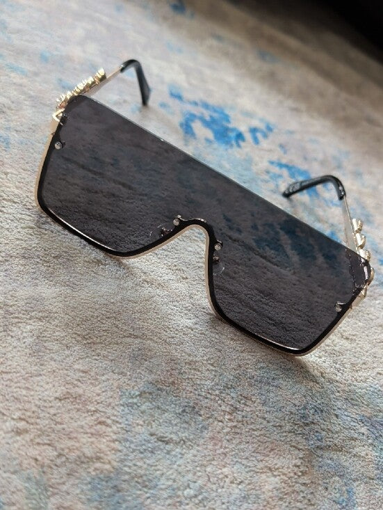 ALDO Women's Black Shield Sunglasses with Gold Chain Detail