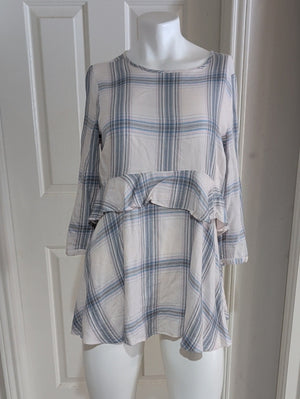 led Luxury Essentials Denim Cream and Blue Plaid Ruffle Waist Tunic Women's M