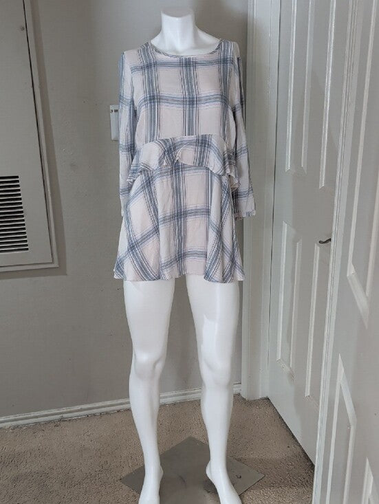 led Luxury Essentials Denim Cream and Blue Plaid Ruffle Waist Tunic Women's M