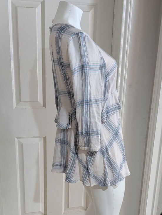 led Luxury Essentials Denim Cream and Blue Plaid Ruffle Waist Tunic Women's M