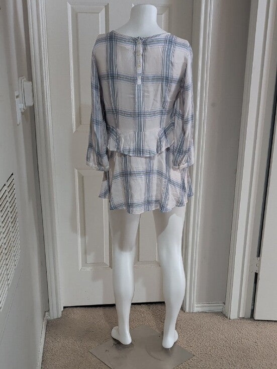 led Luxury Essentials Denim Cream and Blue Plaid Ruffle Waist Tunic Women's M