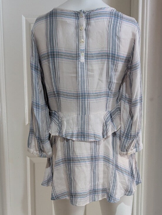 led Luxury Essentials Denim Cream and Blue Plaid Ruffle Waist Tunic Women's M