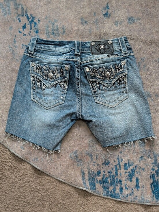 Miss Me Blue Frayed Hem Denim Cut-Off Shorts Women's 26