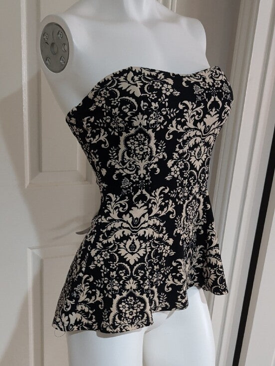 VTG Fashion Magazine Black And Cream Strapless Peplum Camisole Women's Medium