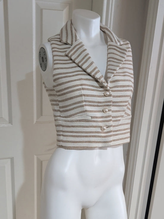 Joie Striped Sleeveless Knit Acrylic Cropped Vest in Cream and Tan Women's Small