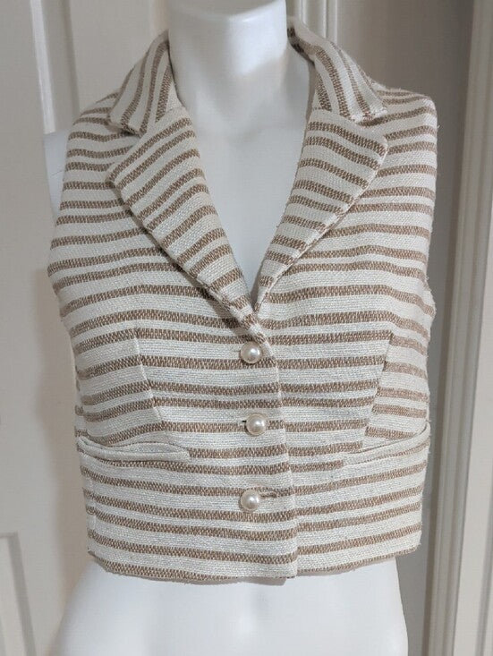 Joie Striped Sleeveless Knit Acrylic Cropped Vest in Cream and Tan Women's Small