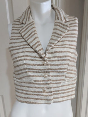 Joie Striped Sleeveless Knit Acrylic Cropped Vest in Cream and Tan Women's Small