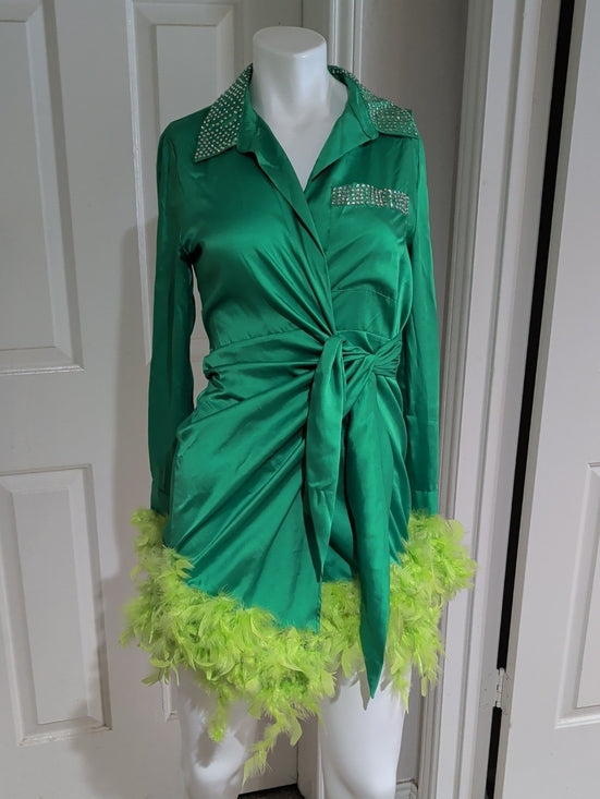 Forever 21 Emerald Green Satin Long-Sleeve Tie-Waist Dress w/ Lime Feather Small