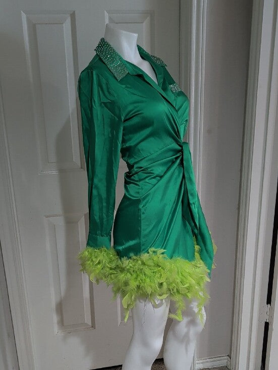 Forever 21 Emerald Green Satin Long-Sleeve Tie-Waist Dress w/ Lime Feather Small