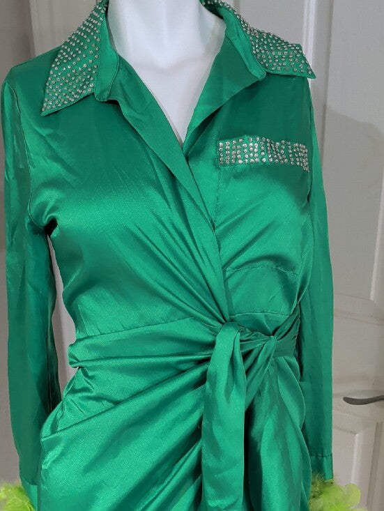 Forever 21 Emerald Green Satin Long-Sleeve Tie-Waist Dress w/ Lime Feather Small