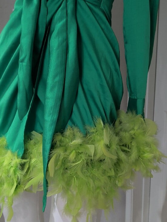 Forever 21 Emerald Green Satin Long-Sleeve Tie-Waist Dress w/ Lime Feather Small
