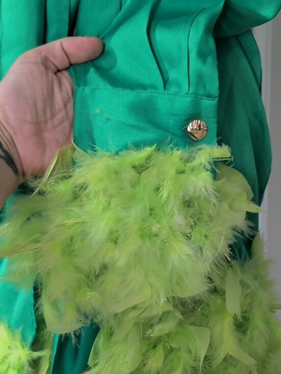 Forever 21 Emerald Green Satin Long-Sleeve Tie-Waist Dress w/ Lime Feather Small
