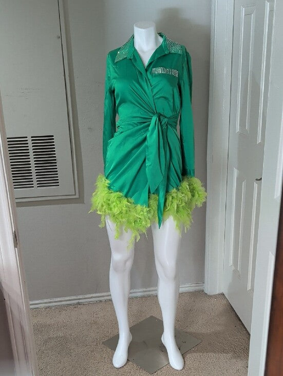 Forever 21 Emerald Green Satin Long-Sleeve Tie-Waist Dress w/ Lime Feather Small