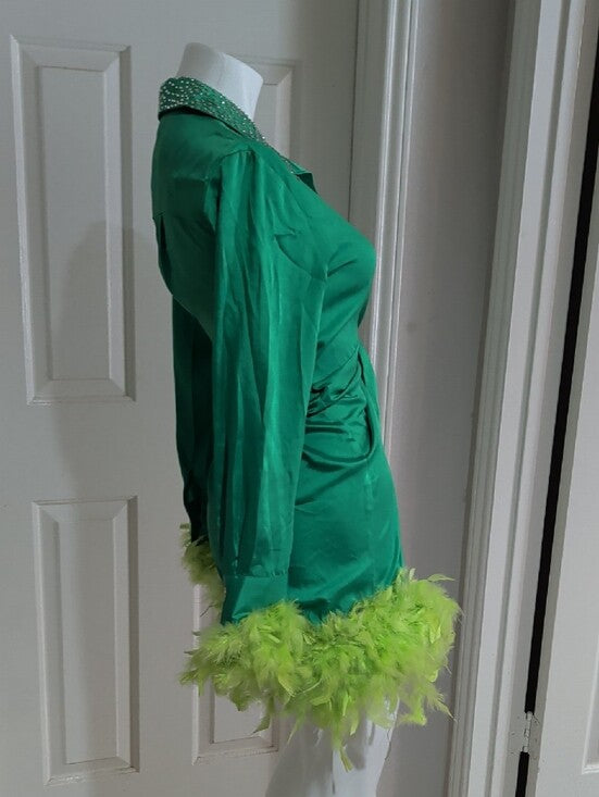 Forever 21 Emerald Green Satin Long-Sleeve Tie-Waist Dress w/ Lime Feather Small