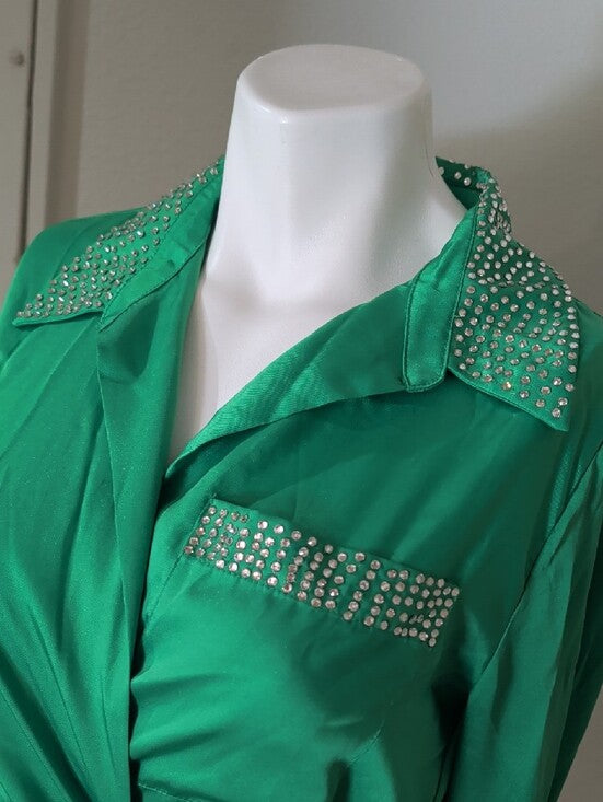 Forever 21 Emerald Green Satin Long-Sleeve Tie-Waist Dress w/ Lime Feather Small