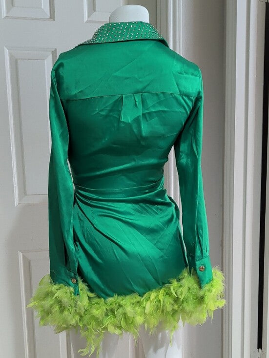 Forever 21 Emerald Green Satin Long-Sleeve Tie-Waist Dress w/ Lime Feather Small