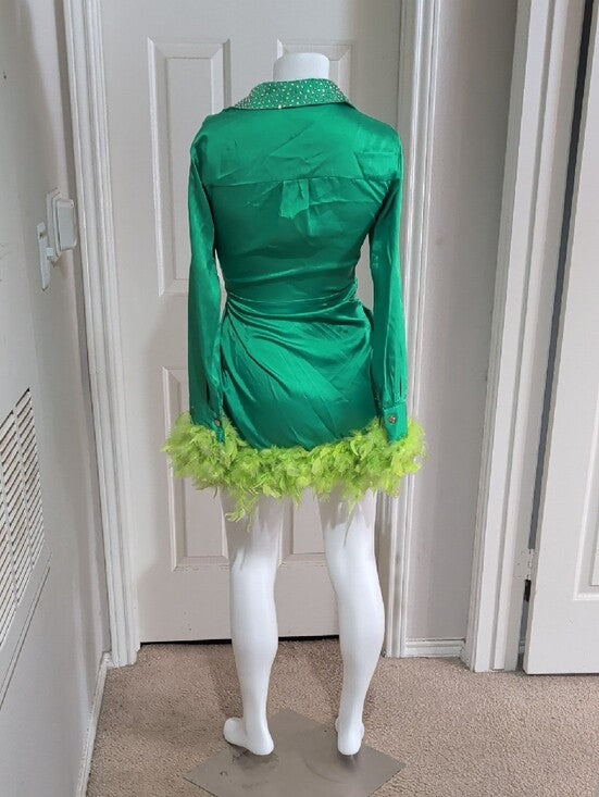 Forever 21 Emerald Green Satin Long-Sleeve Tie-Waist Dress w/ Lime Feather Small
