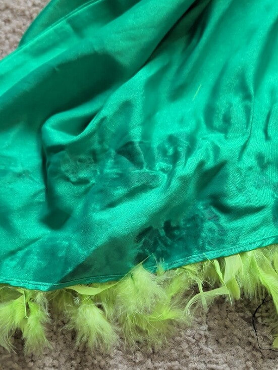 Forever 21 Emerald Green Satin Long-Sleeve Tie-Waist Dress w/ Lime Feather Small