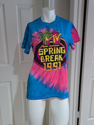 Retro 2019 MTV Pink & Blue Tie-Dye Spring Break 1991 Tee Women's Small