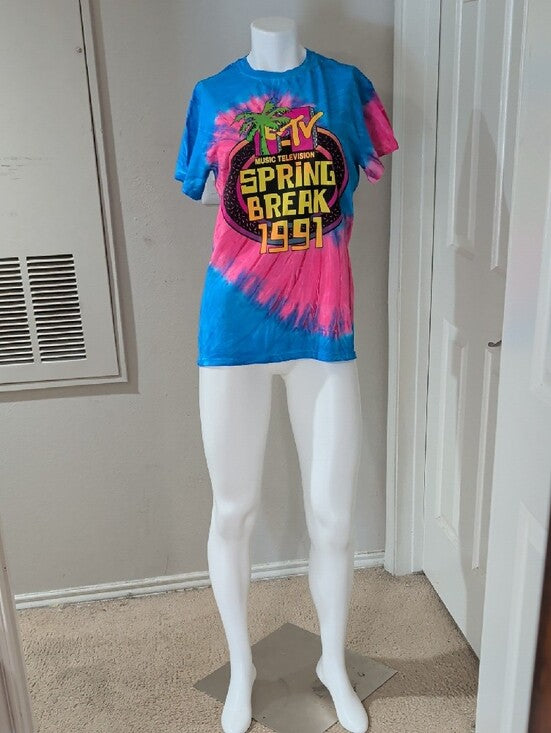 Retro 2019 MTV Pink & Blue Tie-Dye Spring Break 1991 Tee Women's Small