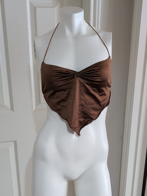 Cider Brown Satin Halterneck Scarf Top Adjustable Straps Women's Medium