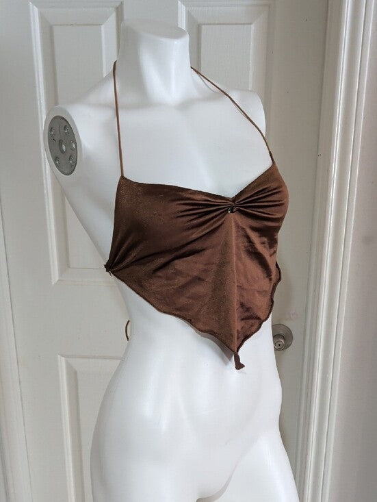 Cider Brown Satin Halterneck Scarf Top Adjustable Straps Women's Medium
