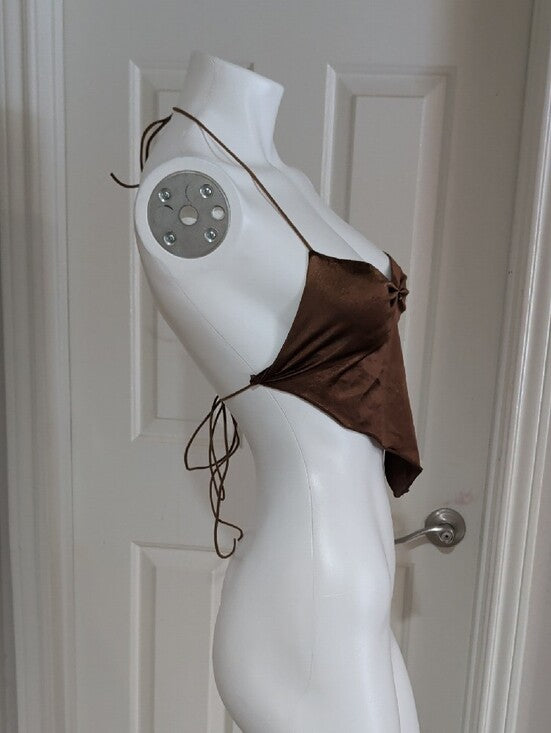 Cider Brown Satin Halterneck Scarf Top Adjustable Straps Women's Medium