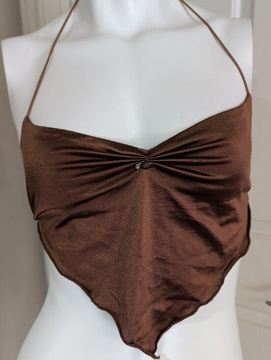 Cider Brown Satin Halterneck Scarf Top Adjustable Straps Women's Medium