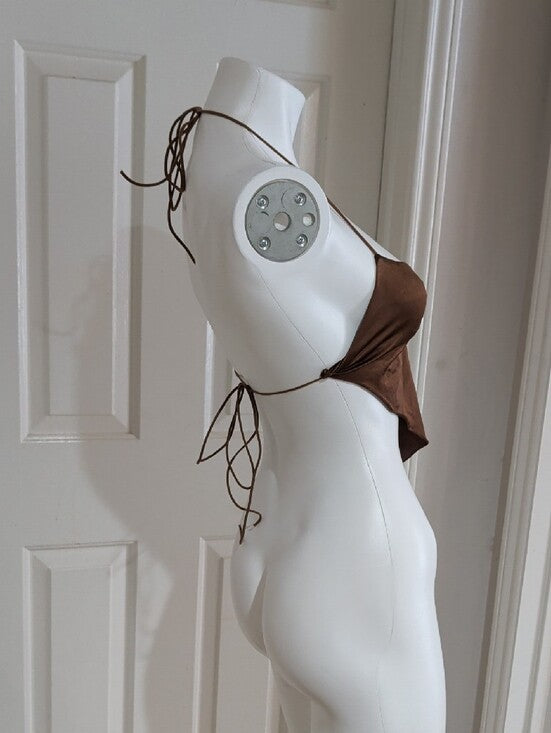 Cider Brown Satin Halterneck Scarf Top Adjustable Straps Women's Medium