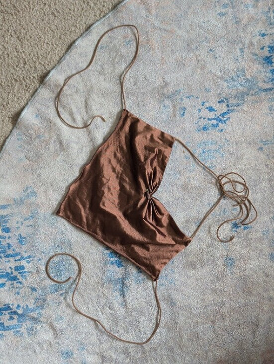 Cider Brown Satin Halterneck Scarf Top Adjustable Straps Women's Medium