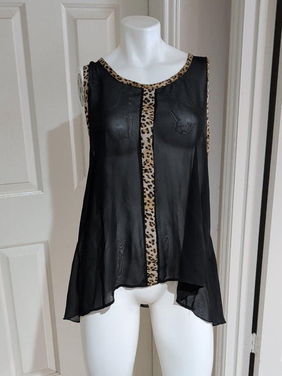 Ime Black Sheer Camisole Tunic With Leopard-Print Trim Women's XL