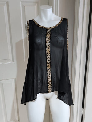 Ime Black Sheer Camisole Tunic With Leopard-Print Trim Women's XL