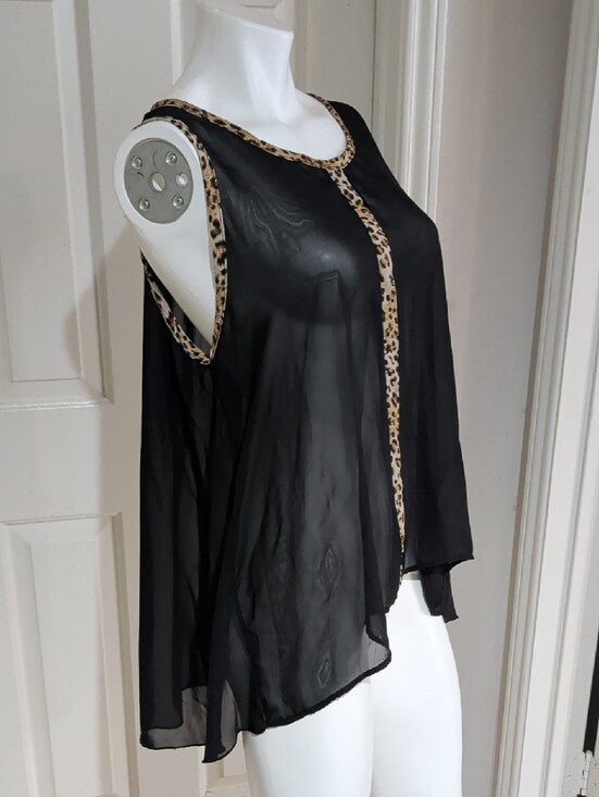 Ime Black Sheer Camisole Tunic With Leopard-Print Trim Women's XL