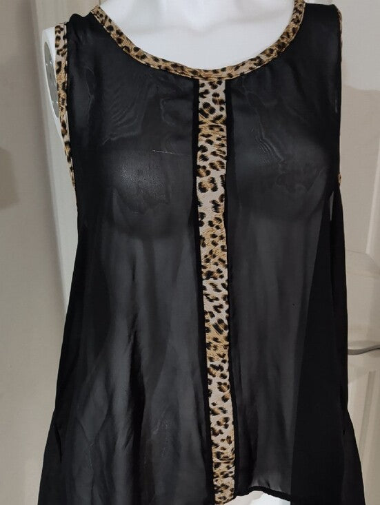 Ime Black Sheer Camisole Tunic With Leopard-Print Trim Women's XL