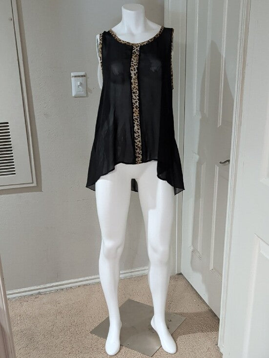 Ime Black Sheer Camisole Tunic With Leopard-Print Trim Women's XL