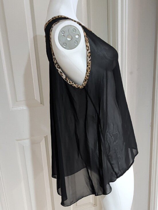 Ime Black Sheer Camisole Tunic With Leopard-Print Trim Women's XL