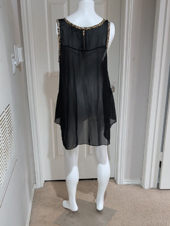 Ime Black Sheer Camisole Tunic With Leopard-Print Trim Women's XL